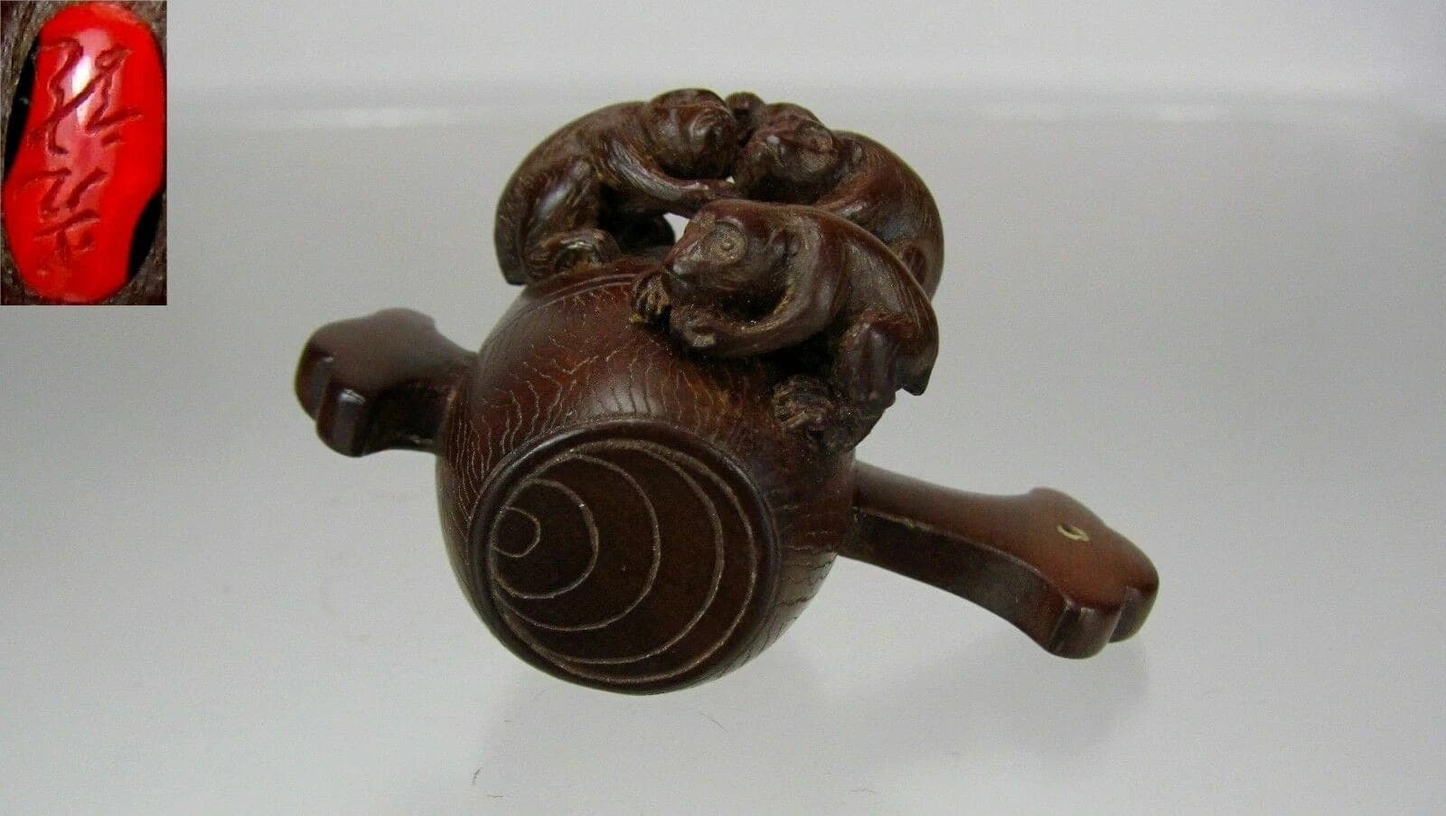 KÔRYÛ, 19th C. Japanese Boxwood Netsuke: Three Monkeys on Daikoku's Hammer