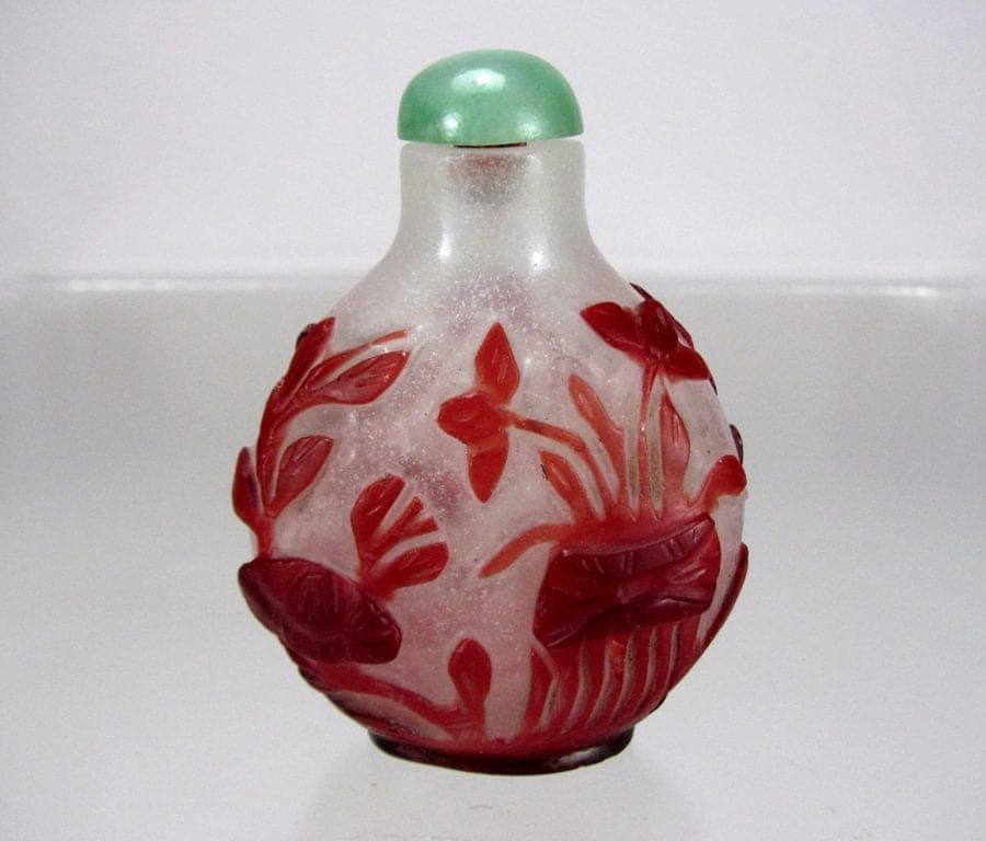 19th C. Ruby Red Over Snowflake Glass Snuff Bottle - Aquatic Sea Life