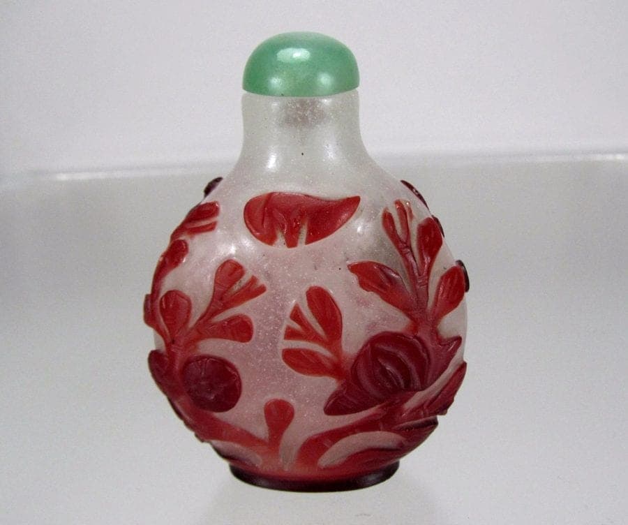 19th C. Ruby Red Over Snowflake Glass Snuff Bottle - Aquatic Sea Life photo 2