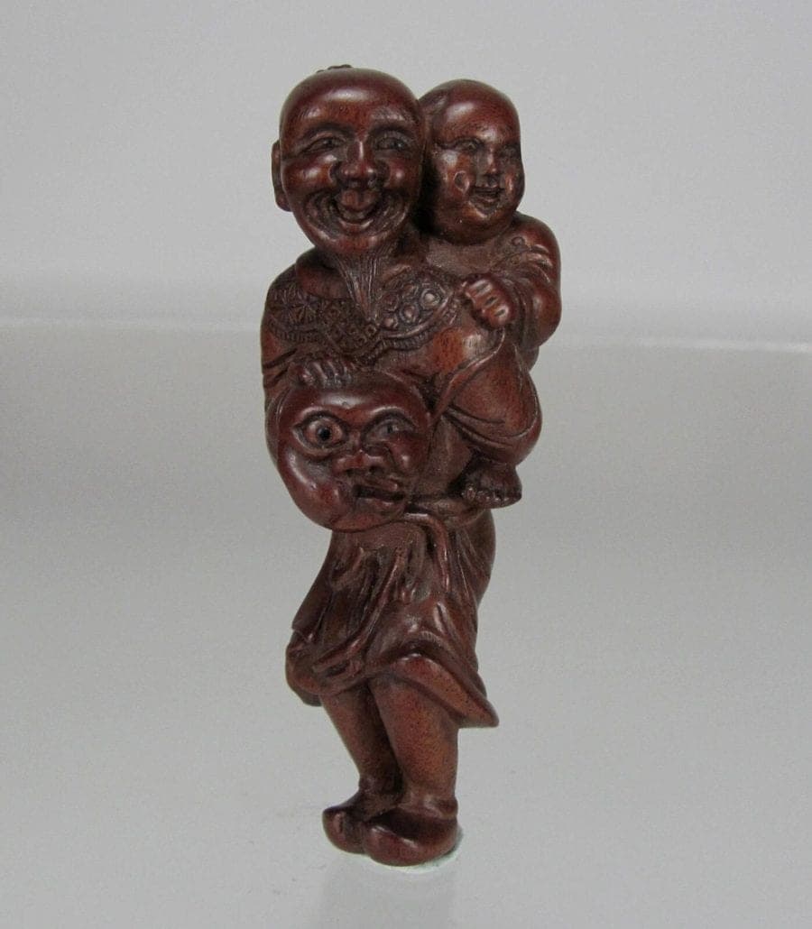 19th C. Japanese Boxwood Netsuke:  Dutchman and Child (Parody)