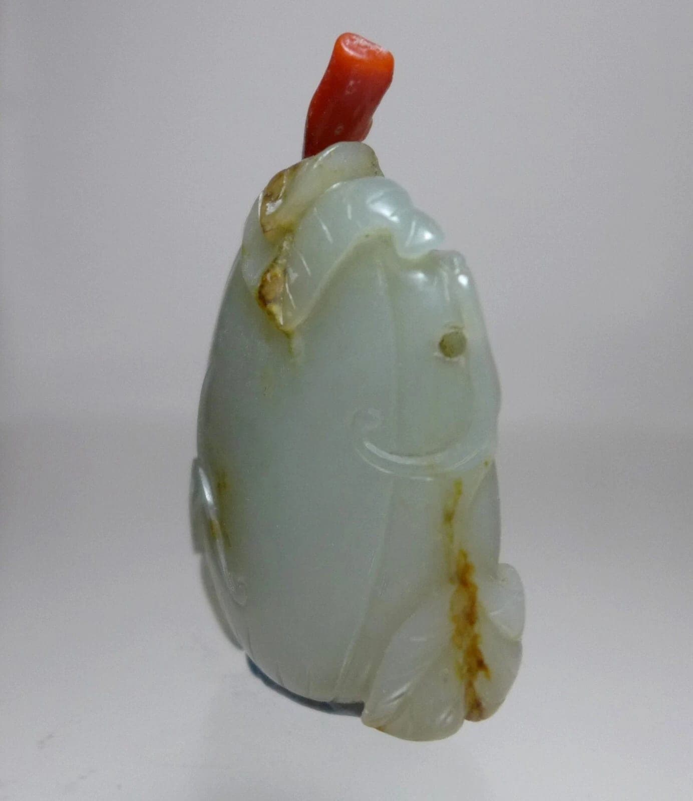 19th Century Carved Celadon Jade SNUFF BOTTLE, Gourd w/Insects & Leaves photo 4