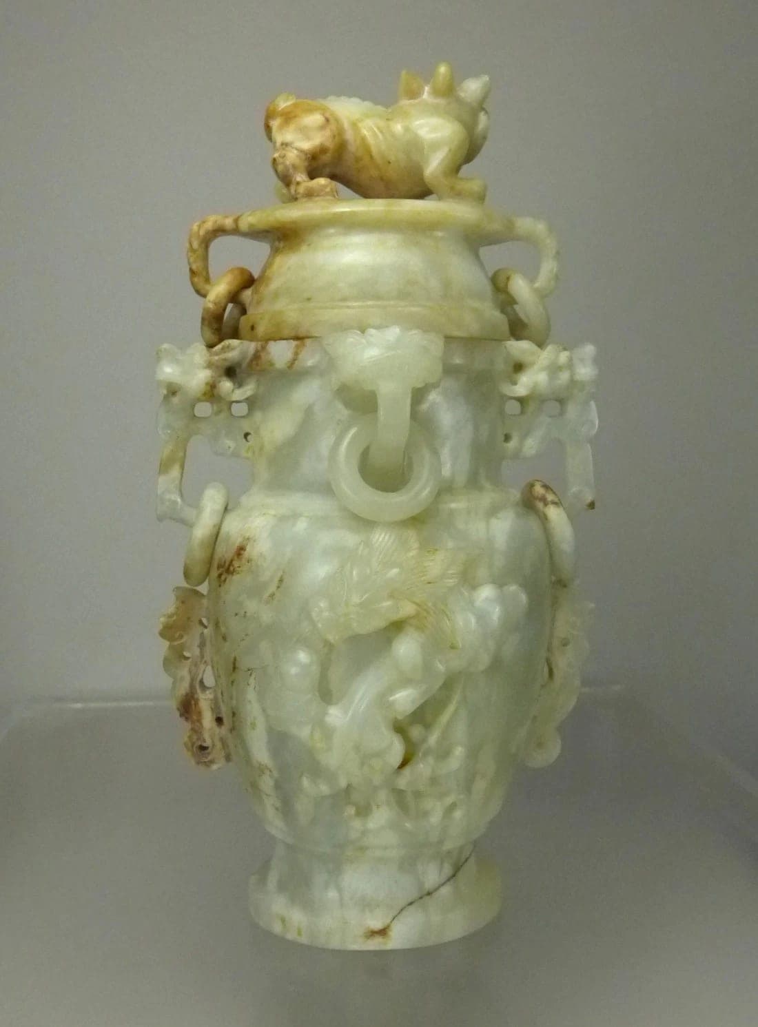 Chinese, Early 20th C, Carved Celadon Nephrite Jade Urn with Xiezhi Finial Lid photo 3