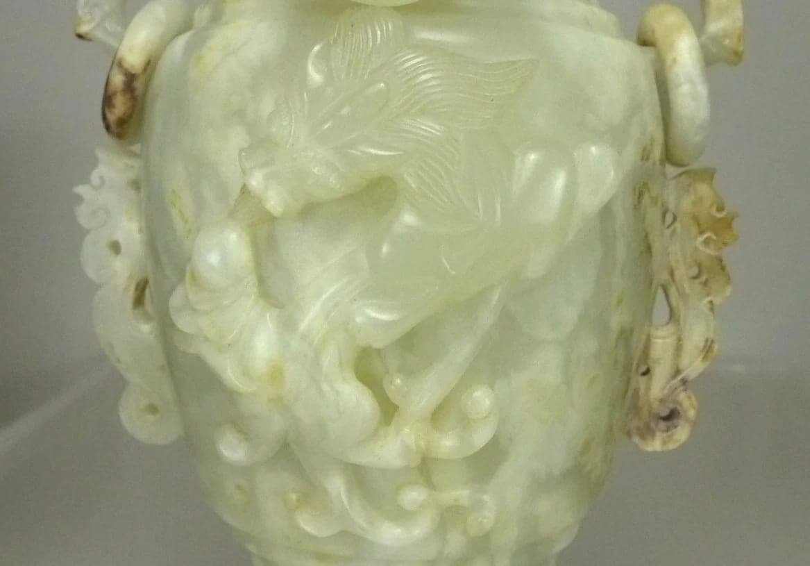 Chinese, Early 20th C, Carved Celadon Nephrite Jade Urn with Xiezhi Finial Lid photo 8