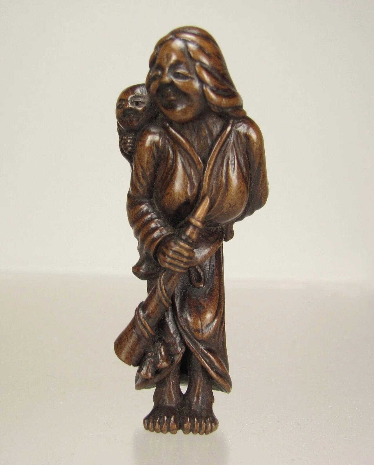 TAMETAKA, Superb EDO Period Japanese Boxwood Netsuke, Mother and Child photo 3