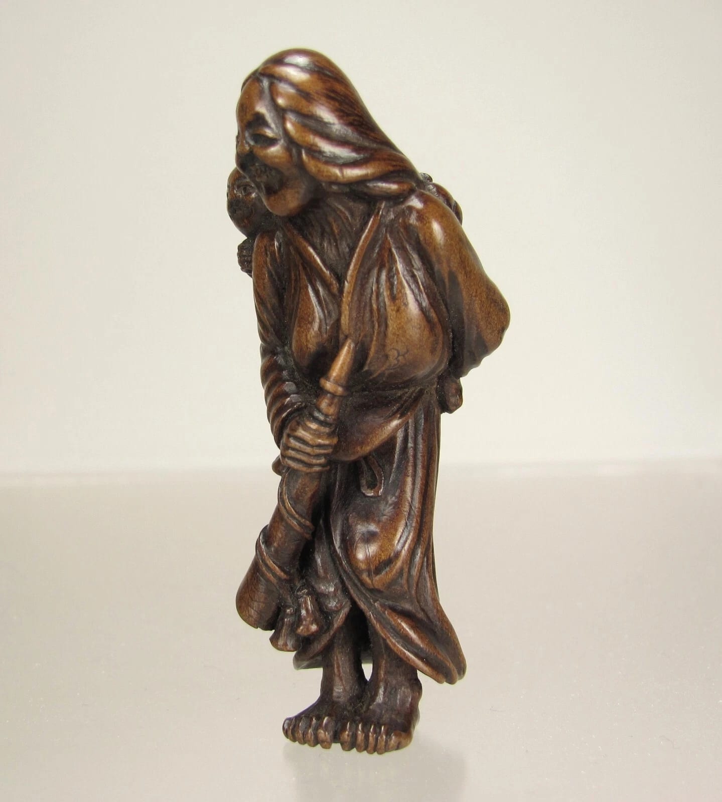 TAMETAKA, Superb EDO Period Japanese Boxwood Netsuke, Mother and Child photo 5
