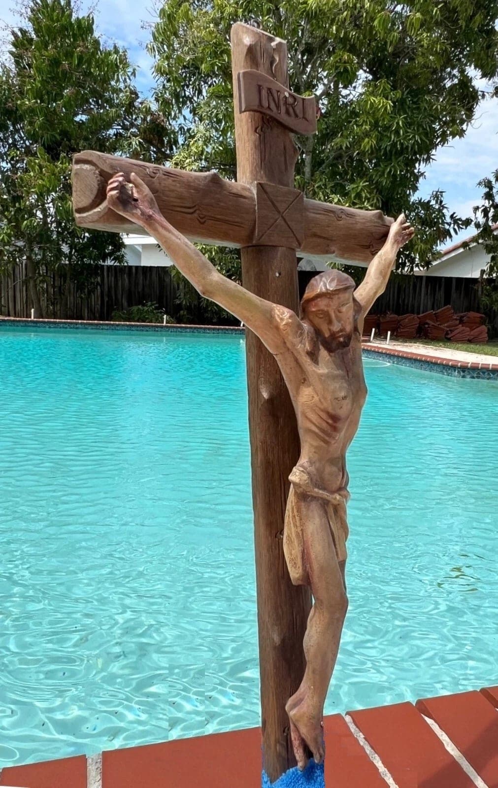 Large Antique Wood Polychrome Sculpture of Christ - Crucifix, 19th C. photo 3