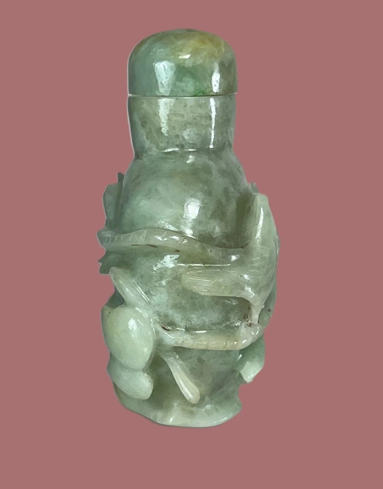 19th Century Carved Celadon/Green Jade SNUFF BOTTLE, Peach Branch photo 5