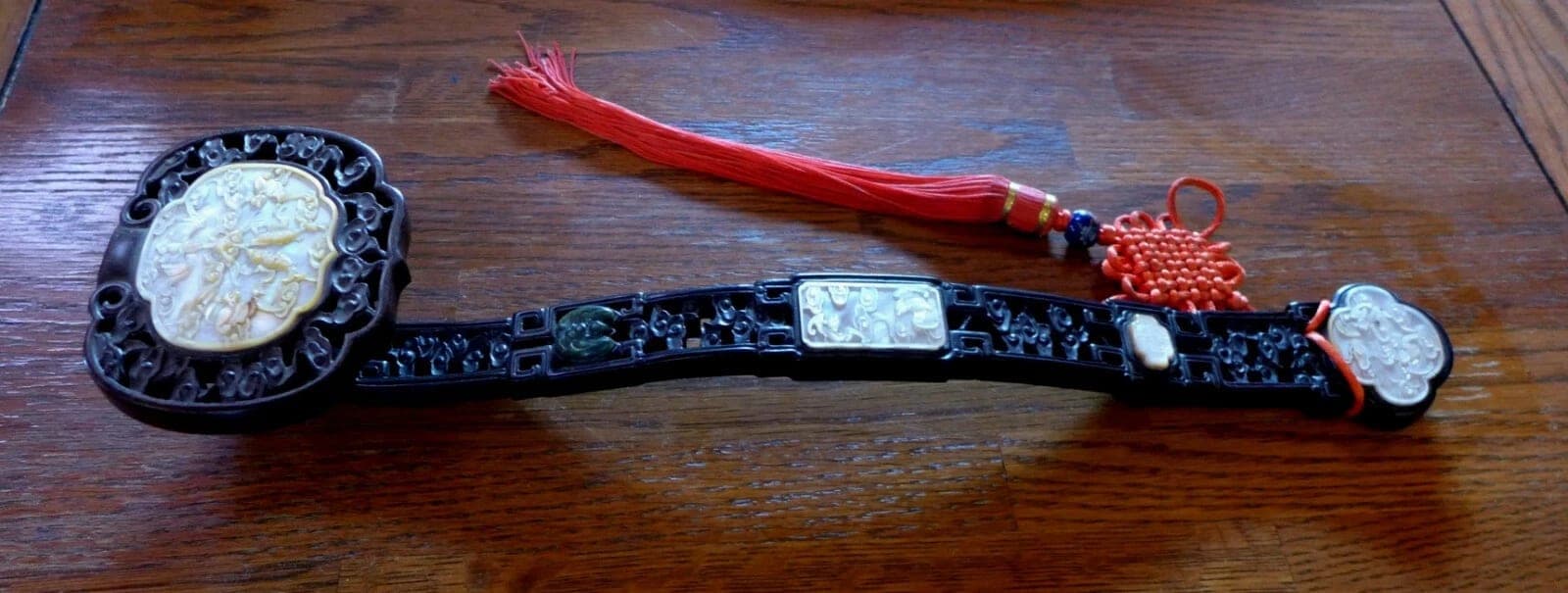Antique Unique Zitan Wood Ruyi Scepter with Mother-of-Pearl and Jade Plaques