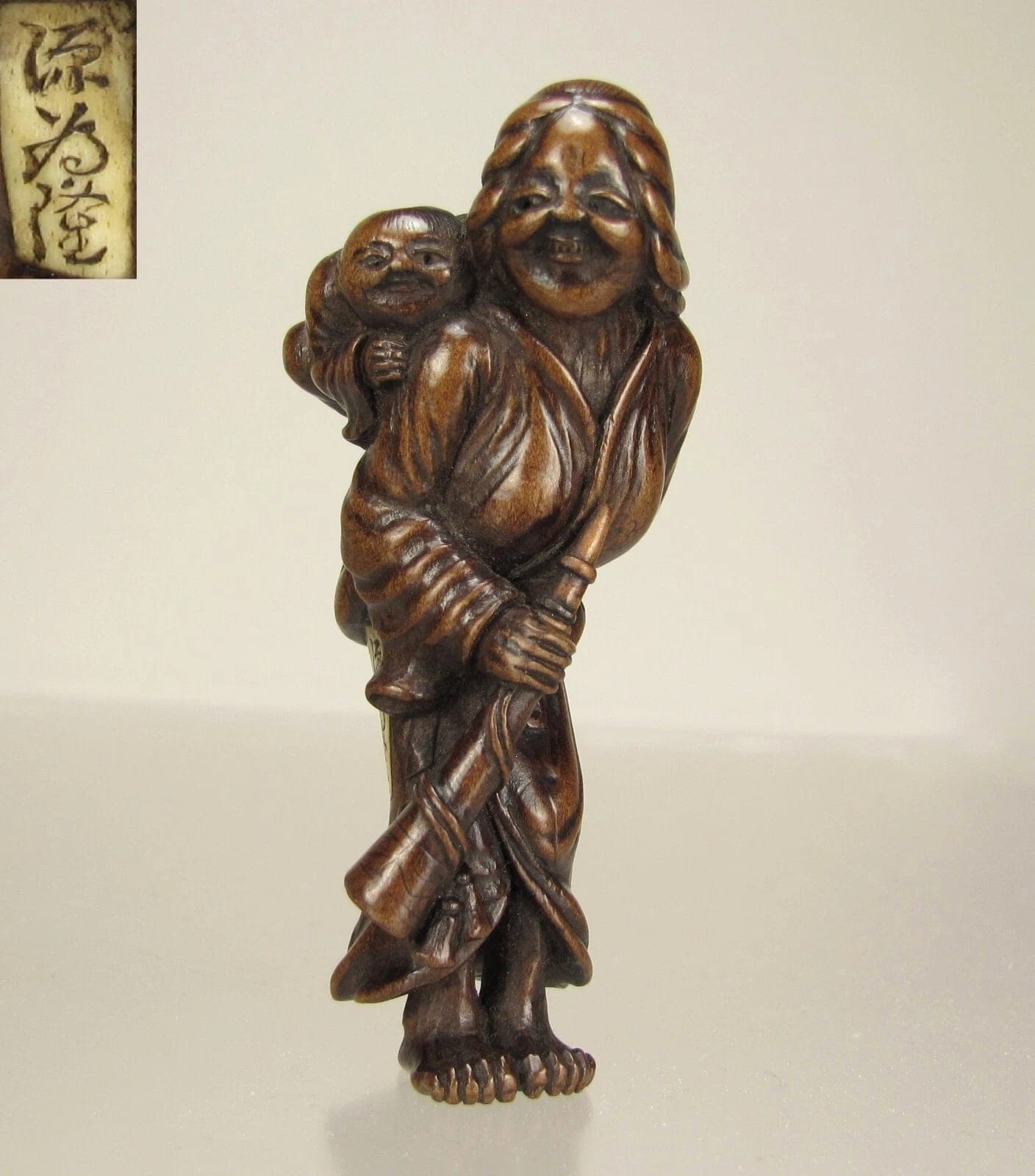 TAMETAKA, Superb EDO Period Japanese Boxwood Netsuke, Mother and Child