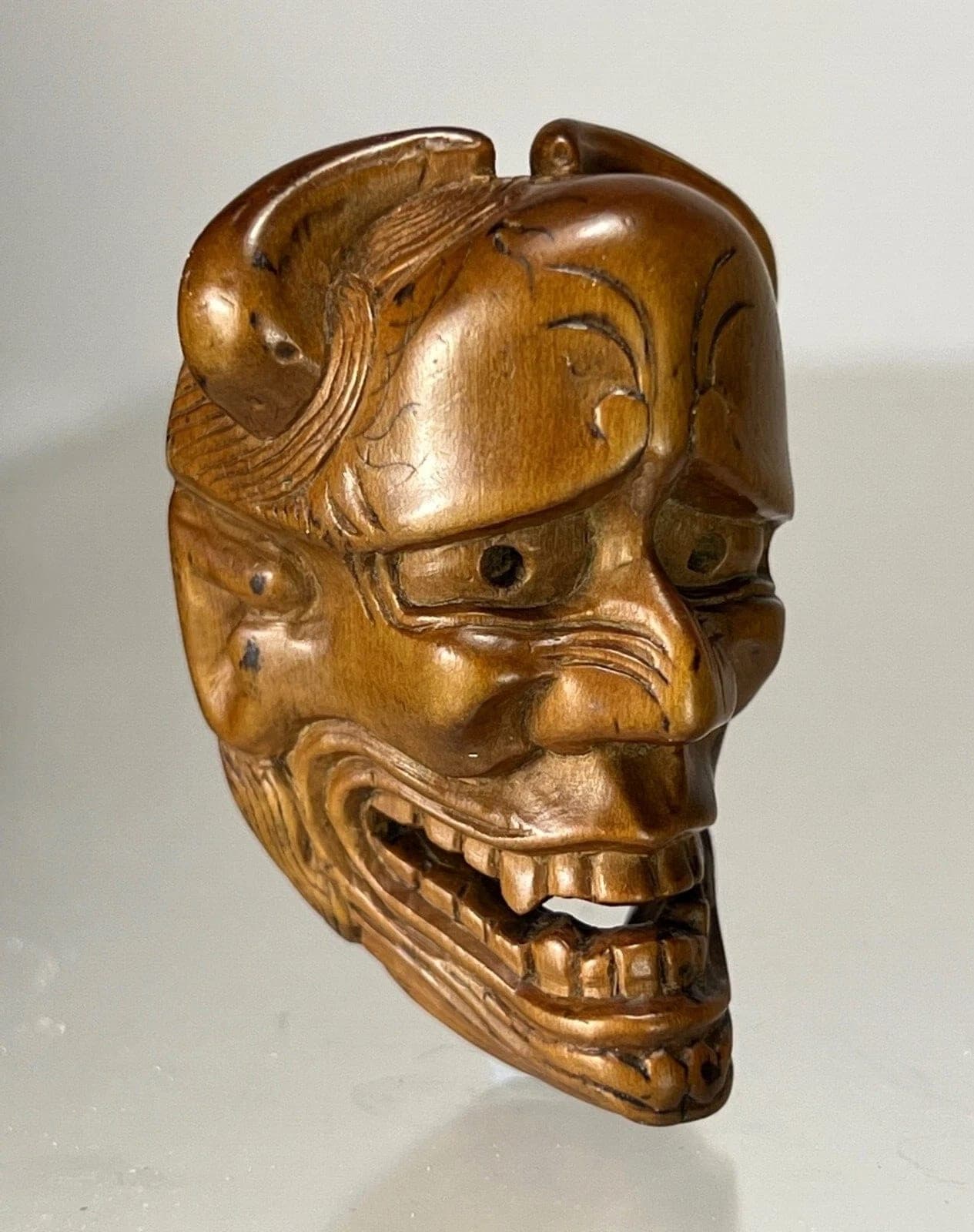 DEME UMAN, Early 19th C. Japanese Wood Mask Netsuke, DEAMON