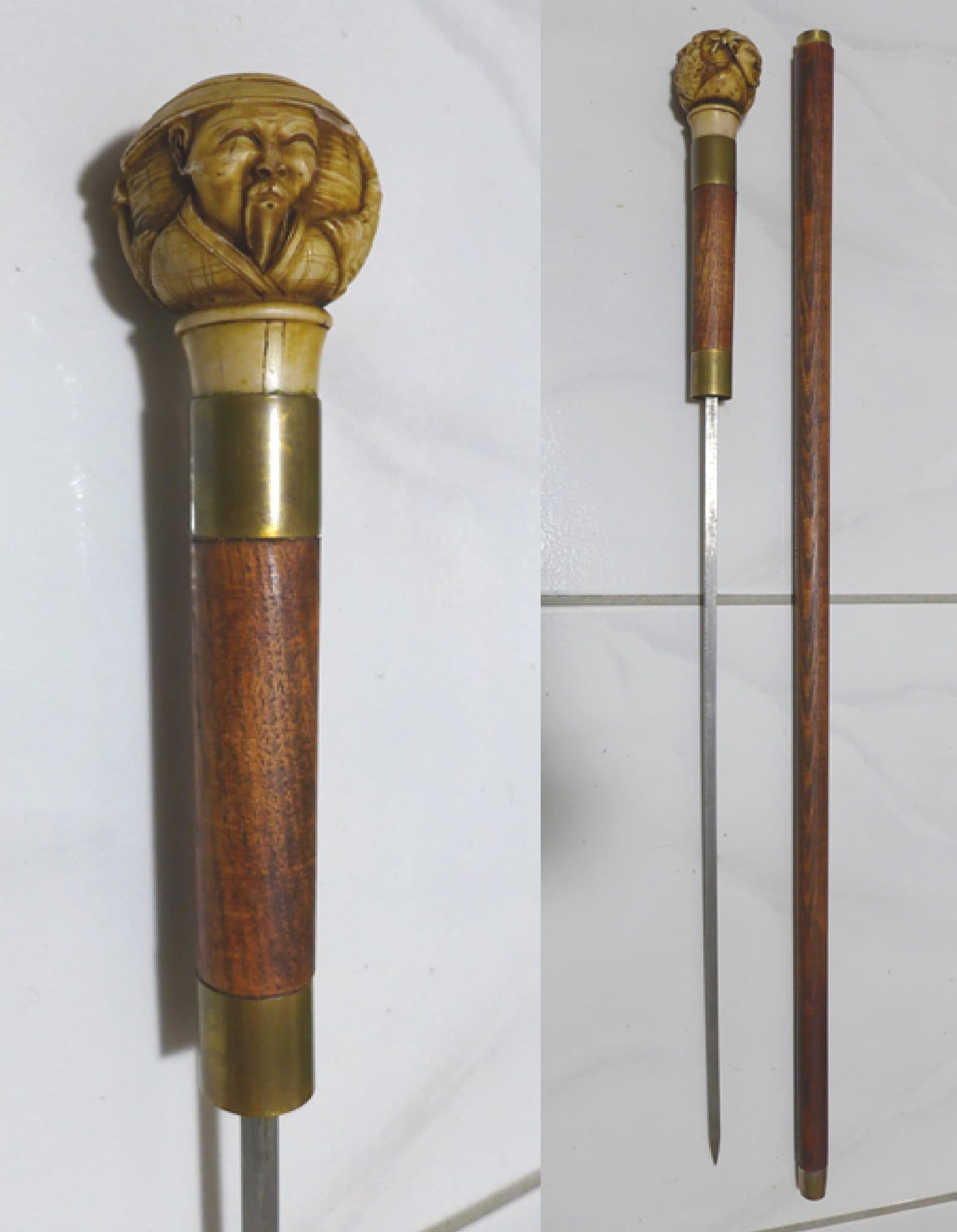 Antique SWORD CANE, Carved Bone Chinese Graphics Ball Handle, 36 Inch