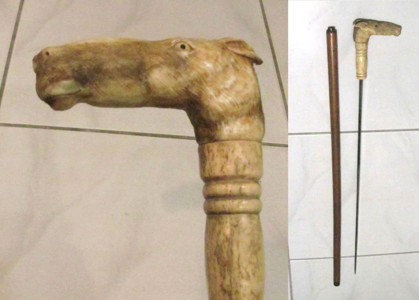 Antique SWORD CANE, Carved Stag Antler Horse Head Handle