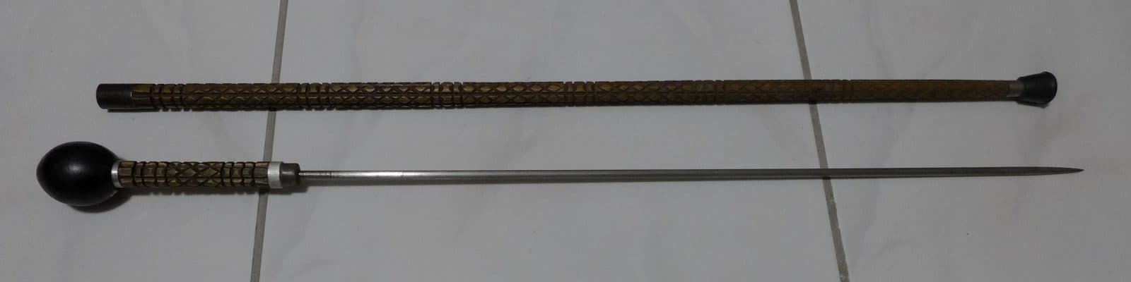 Antique SWORD CANE, Ebony Ball with Coin Handle, Carved Wood Shaft, 3