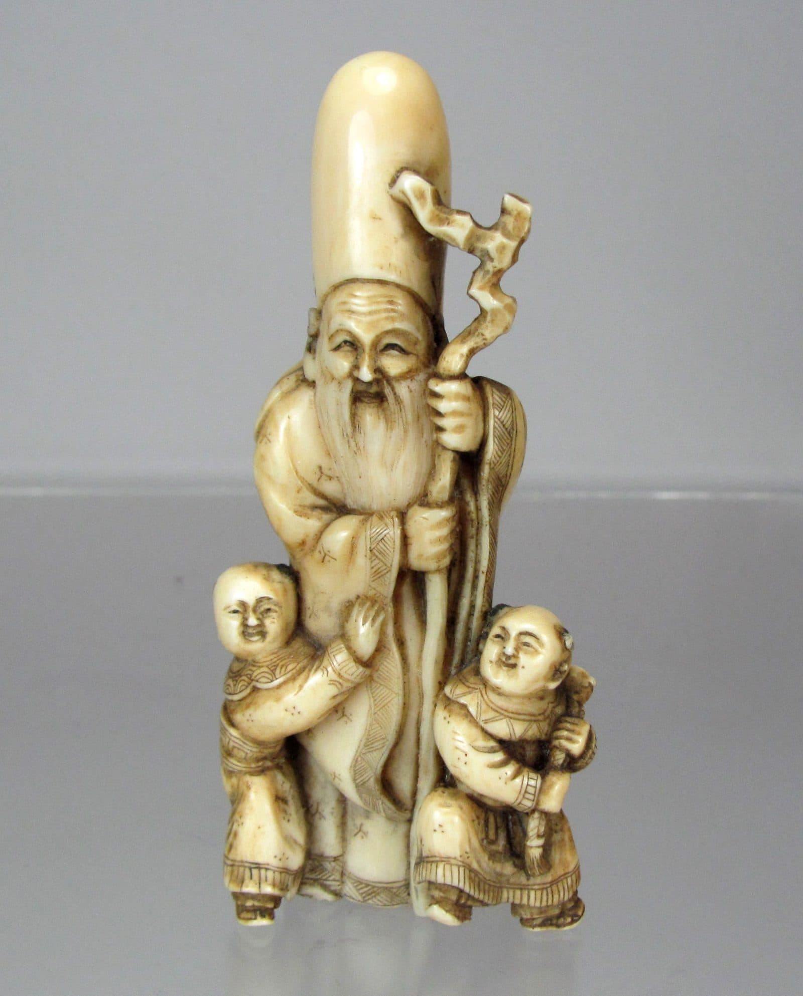 19th Century, Large Japanese Okimono Netsuke: Fukurokuju with Karakos