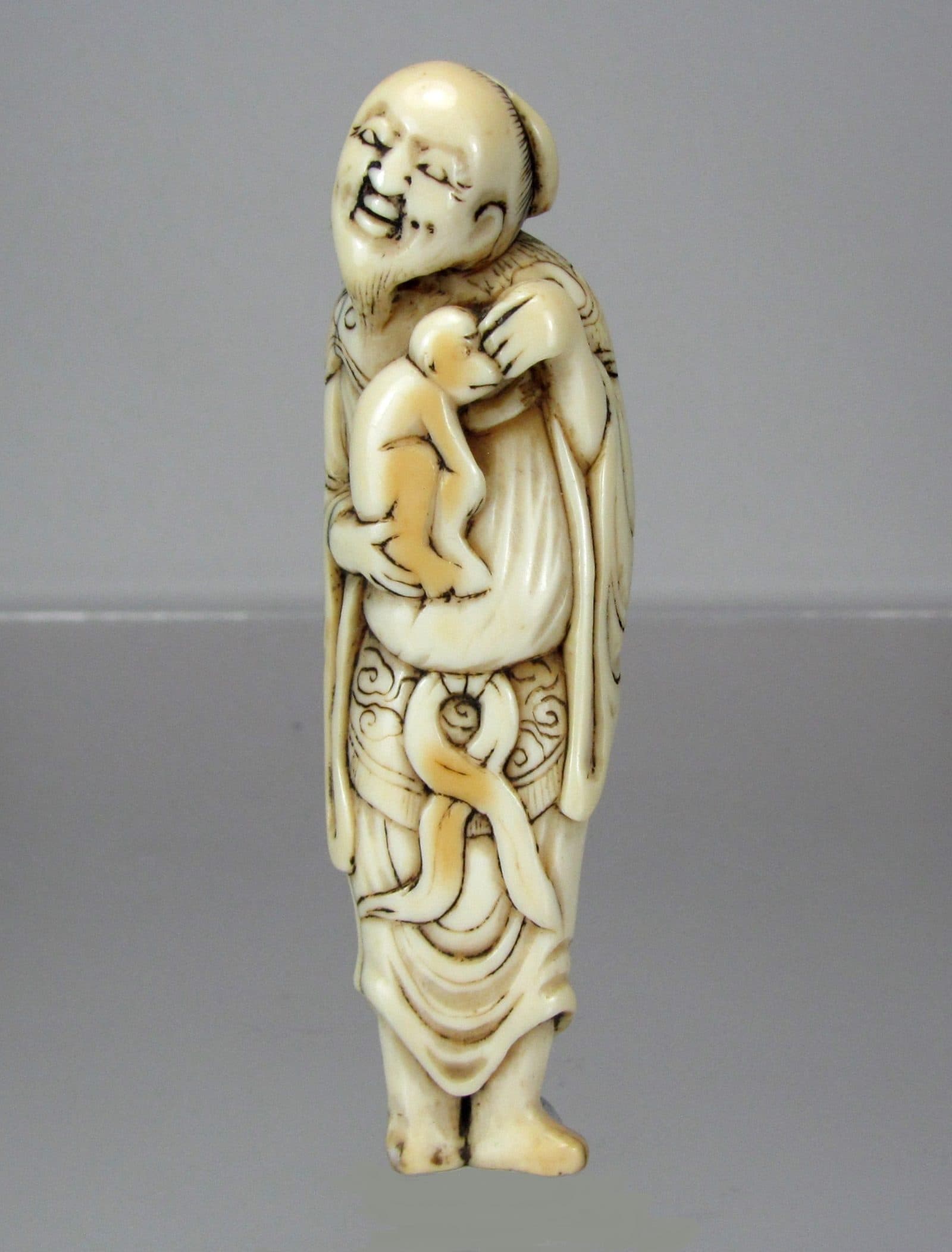 18th Century TALL Japanese Netsuke - Sennin with Monkey